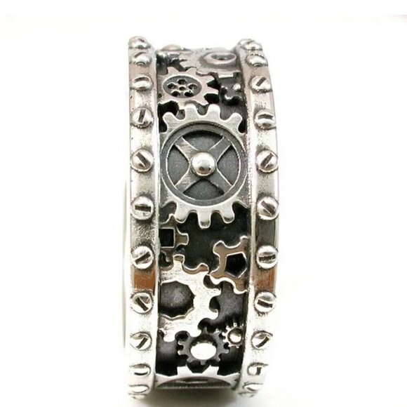 925 Silver Mechanical Gear and Rivet Detail Ring #805 (Men's or Women's) - Picture 8 of 12